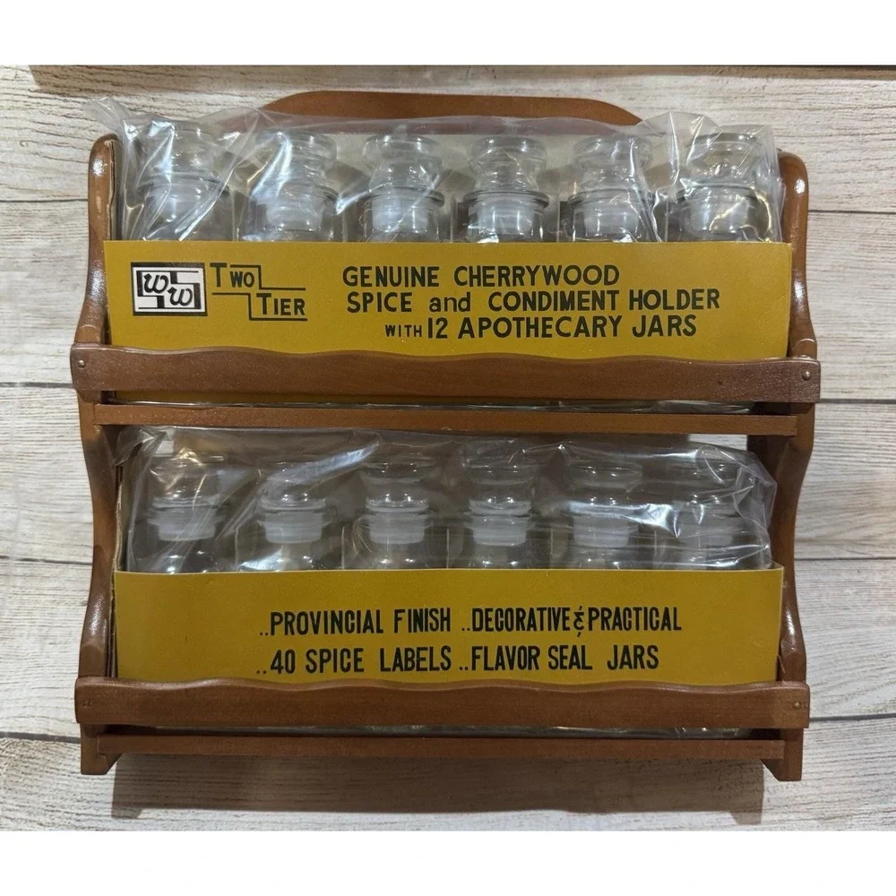 MCM NOS Japan Wood Spice Rack 12 Apothecary Style Jars & Labels Mid Century Mod
